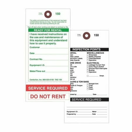 CENTURION Rental Item Tag, READY-TO-RENT/SERVICE REQUIRED, 3-1/8 in W x 6-1/4 in H Dimensions TAG150PT1